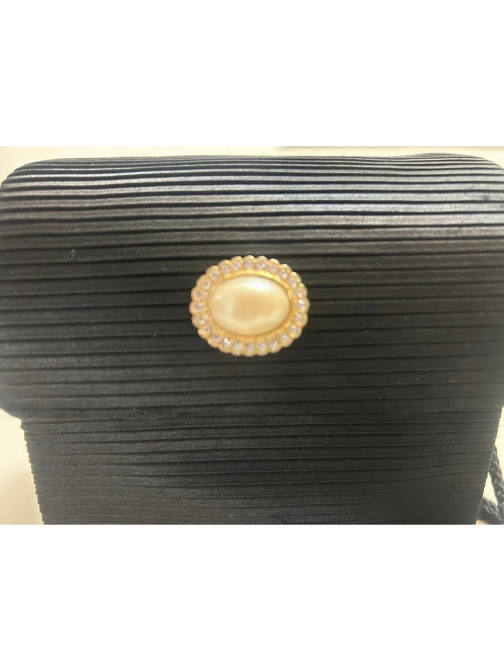 Vintage Carolyne Barton Black Pleated Evening Bag Box Purse Pearl Rhinestone